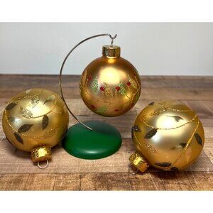 Set Of 3 Gold Glass Christmas Ornaments With Glittery Leaf & Berry Design
